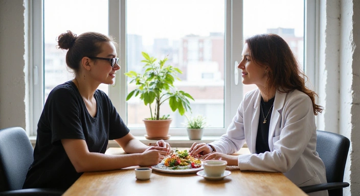 Dietetyk rozmawiający z klientem w jasnym, nowoczesnym biurze, symbolizujący profesjonalne doradztwo.