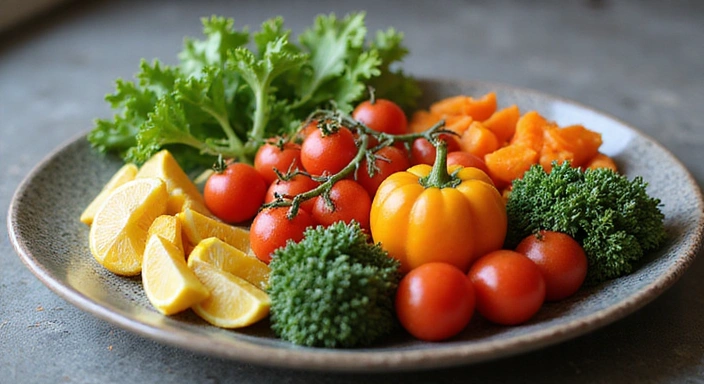 Talerz pełen świeżych warzyw i owoców, symbolizujący zdrowe odżywianie i witalność.